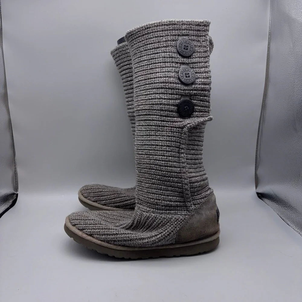UGG Boots Womens 9 Grey Cardy Tall Knit Button Down 5819 Crochet Winter Casual
